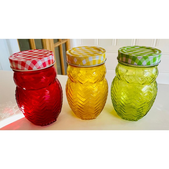 Style Setter Set of 3 Owl Glass Jar w/ Gingham Metal Lids Green Yellow Red - Picture 2 of 3